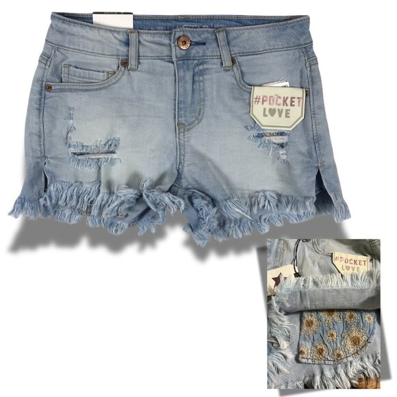 Vanilla Star Pants - VANILLA STAR Distressed Light Blue Embroidered Pocket Hi-Low Jean Shorts 0